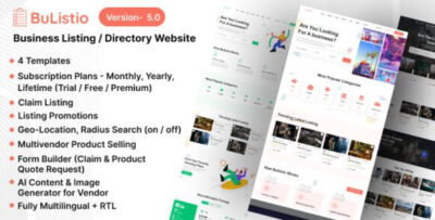 Bulistio v5.0 Nulled – Business Listing / Directory Subscription Based Website (AI Powered) Script